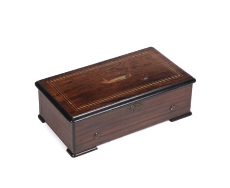 A 19th century Swiss music box the inlaid rosewood case 49cm wideFrom the estate of the late Georg Wissinger (1933-2023)Sever