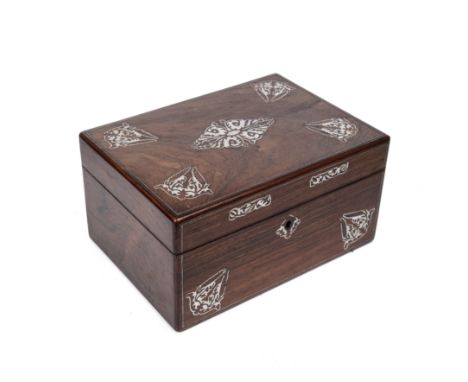 A Victorian mother of pearl inlaid rosewood sewing box, 30cm wide x 21cm deep x 16cm highFrom the estate of the late Georg Wi