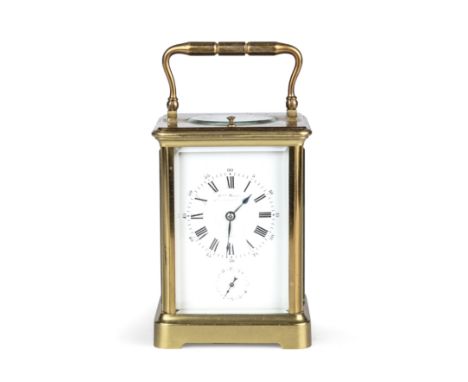 A 19th century French carriage clock having a repeater movement and an enamelled dial with Roman numerals 9.5cm wide 8cm deep