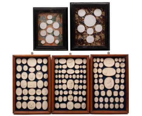 A collection of 19th century Italian grand tour plaster intaglio medallions mounted in three glazed maple wood frames 34cm x 