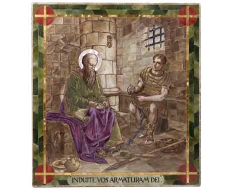 Attributed to Carl Almquist (1848-1924) for Shrigley and Hunt 1880, A large painted tile panel , Induite Vos Armaturam Dei .7