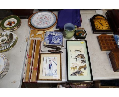 A decorative tile teapot stand, various prints, lacquered box, Pearl Wedding plate etc.