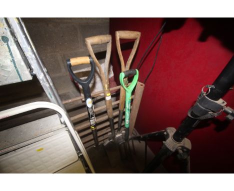 Three stainless steel digging spades (one AF) and a border fork