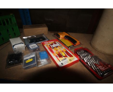 A quantity of various tools and fixings to include a Precision screwdriver set, an infrared thermometer etc.