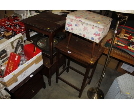 An oak occasional table and an upholstered work box/stool together with a two tier oak table and a commode etc