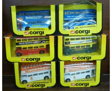 Six Corgi model buses, boxed