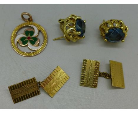 A 9ct gold fob, a pair of cufflinks and a pair of earrings, weight of fob 5.3g