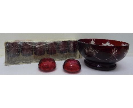 A pair of cranberry glass salts, a ruby glass bowl and a set of six Luminarc ruby glasses