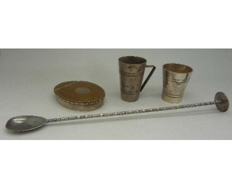 A 19th Century snuff box, hinge a/f a cocktail stirring spoon and two spirit measures marked Bonzer