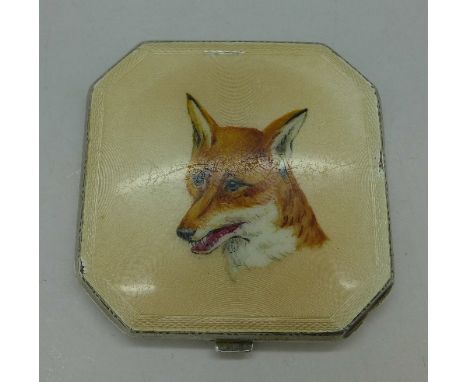 A silver and enamel fox head compact, Birmingham 1950, enamel a/f