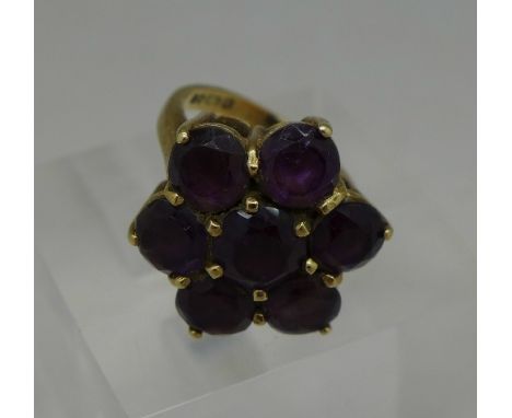 A 9ct gold and amethyst cluster ring, weight 4.6g, size H