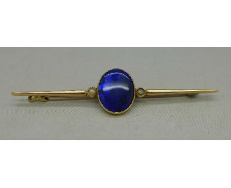 A 15ct gold, doublet opal and seed pearl brooch, weight 3.3g