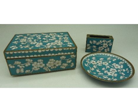 An enamel box, matchbox case and a dish