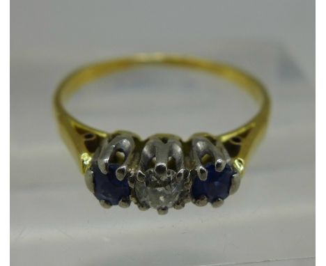 A yellow metal, diamond and sapphire ring, weight 2g, size K