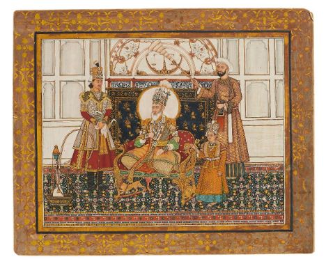 An enthroned Raja smoking a Huqqa in palace chambers, Indian painting on card [India (probably Rajasthan), c. 1900] single le