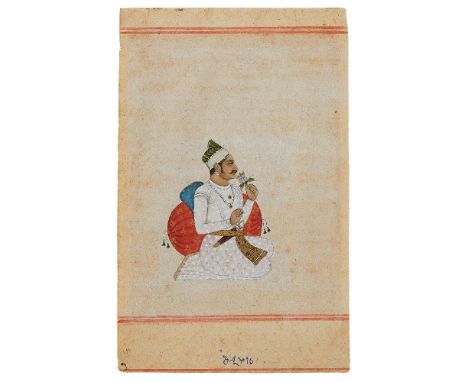 Portrait of a seated Raja holding a Rose, fine Indian miniature on paper [India (Rajasthan), early nineteenth century] single