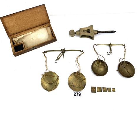 Small boxed set of brass scales &amp; weights and brass clamp
