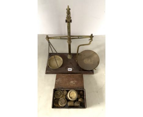 Large set of brass and wooden scales and cased set of weights, 16" w x 20"h