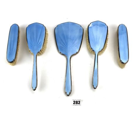 5 piece silver and blue enamel dressing table set comprising 2 hairbrushes, 2 clothes brushes and handmirror