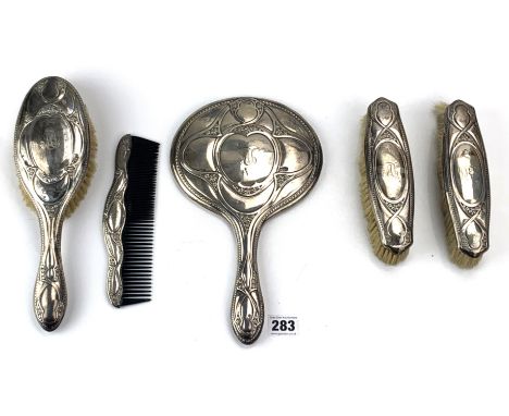 5 piece silver dressing table set comprising hairbrush, comb, 2 clothes brushes and handmirror