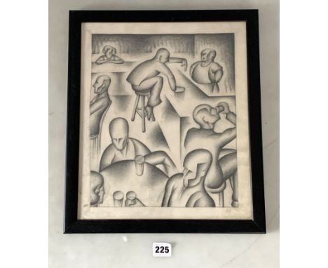 Pencil drawing of bar scene, unsigned. Image 11.5" x 13.5", frame 13.5" x 15.5"