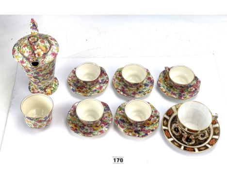 James Kent Ltd Fenton 'Du Barry' tea set comprising 5 cups, 5 saucers, teapot &amp; sugar bowl and Royal Crown Derby cup and 
