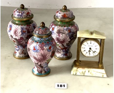 Set of 3 graduating cloisonne lidded vases (tallest 7" high) and onyx/brass mantle clock by Azizoff of London, 5" high