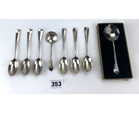 Set of 6 silver teaspoons, small ladle and boxed silver fruit spoon, total w: 5 ozt