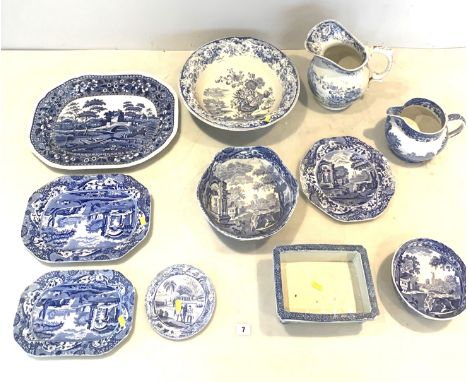 Assorted blue/white china including Copeland Spode - 3 meat platters, 2 plates, washbowl (cracked), 2 bowls, 2 jugs and plant