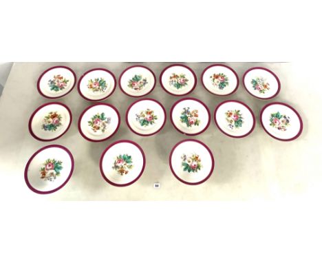 Antique Unmarked Dessert Set With Botanical Pattern Comprising 12 Plates (3 Chipped), 2 Stemmed Bowls (1 Chipped) And Taza