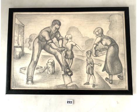 Pencil drawing of road digging scene signed E. Taylor 12/6/1935. image 15" x 22", frame 16.5" x 23.5"