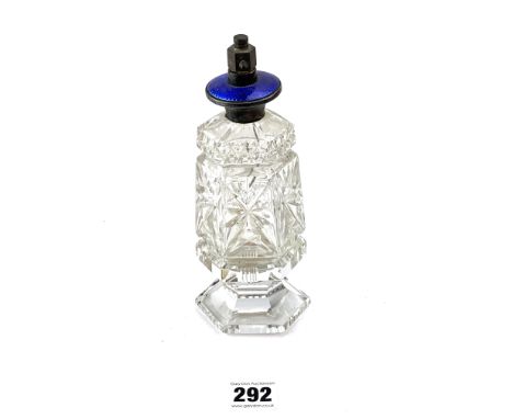Cut glass perfume bottle with blue enamel spray top, 8" high