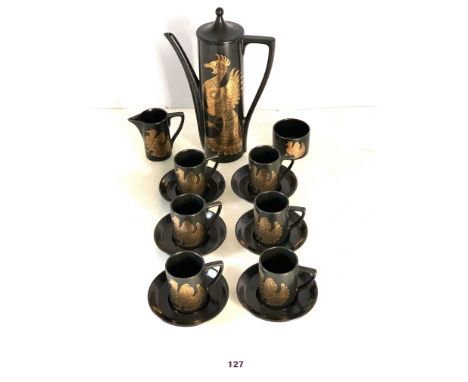 Portmeirion black/gilt coffee set comprising 6 cups, 6 saucers, coffee pot, sugar and cream jug