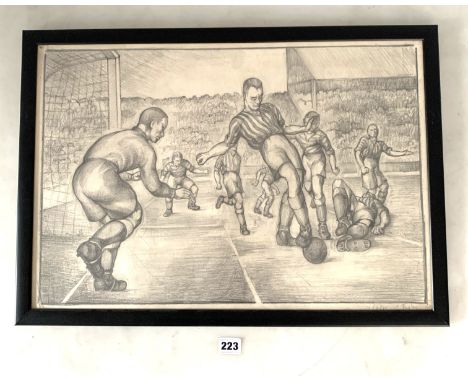 Pencil drawing of footballers signed E. Taylor 12/6/1935. image 15" x 22", frame 16.5" x 23.5"
