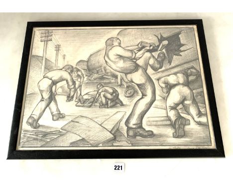 Pencil drawing of mining scene, signed E. Taylor, June 17th 1935. image 15" x 22", frame 16.5" x 23.5"