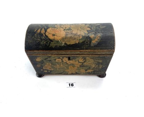 Painted tea caddy containing 2 compartments with lids, 9" w x 4.5"d x 6"h