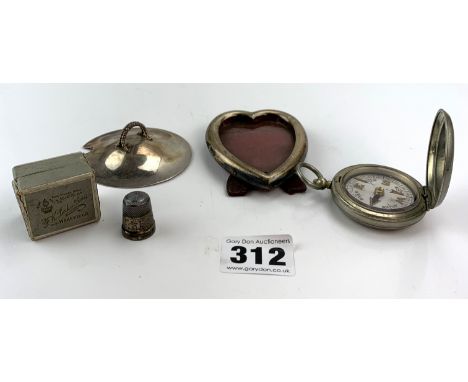 Silver lid, silver photo frame and silver thimble and plated Dennison compass