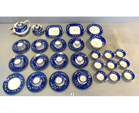 49 piece blue/gold/white tea service, marked no. 6624 comprising 11 tea cups (5 damaged), 11 saucers, 9 large cups, 12 side p