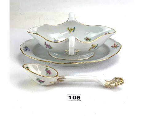 Meissen gravy boat on stand with ladle, crossed swords mark. 10" long