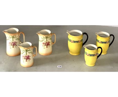 2 sets of 3 graduating jugs - BCM Nelson Ware (tallest 7.5") and B &amp; K Ltd (tallest 8")
