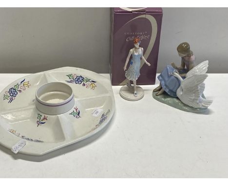 A Poole pottery hors d'oeuvres dish, a Nao and a Coalport figurine, shipping unavailable 