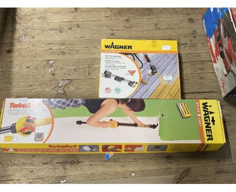 A boxed Wagner paint handle extension and battery powered paint roller and a sprayer (unchecked) 