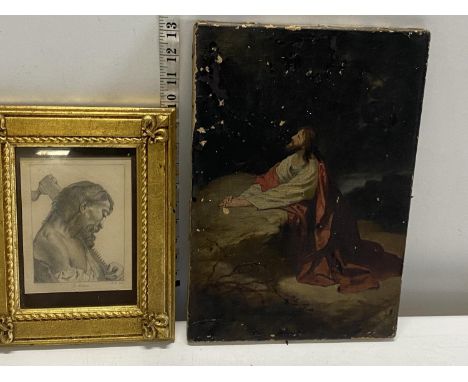 A antique religious themed oil on canvas a/f and a framed pencil sketch by S Simon dated 1888, shipping unavailable 