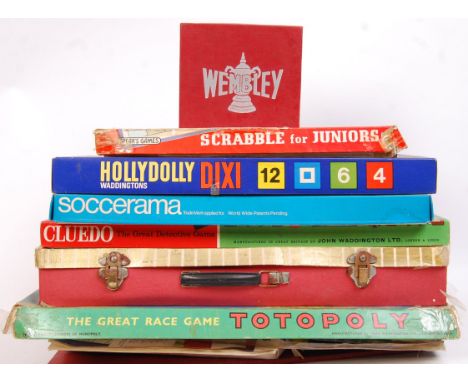 A collection of vintage board games to include; Waddington's Totopoly, Wembley, Scrabble, Waddington's Holly Dolly Dixi, Socc
