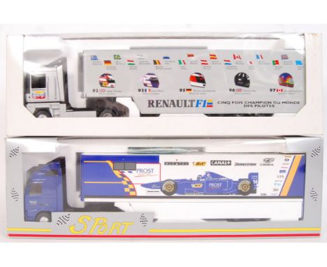 A collection of 2x original Sport 1/43 scale diecast model lorries to include; Renault F1 champions livery & Prost Grand Prix