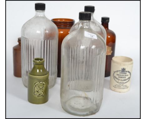 A small collection of vintage bottles and jars dating from the late 19th century to include chemical, ink, marmalade etc.