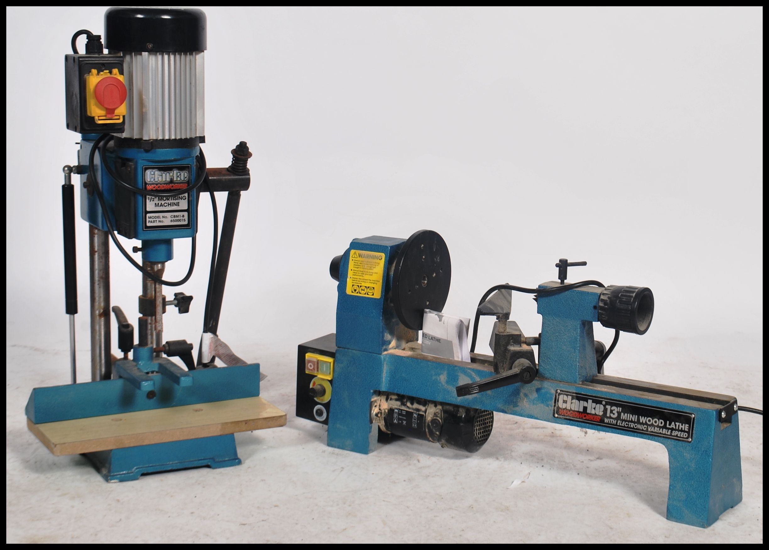 A hobbyist Clarke 1/2" Mortising machine together with a Clarke 13