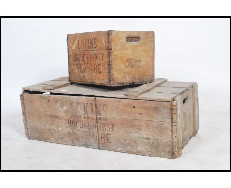 A vintage early 20th century double sized bottle crate chest being marked for J Harbour &amp; Co Ltd Bristol and for Lukins o