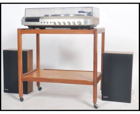 A 1970's Hitachi record player model SDT - 120 with speakers together with a teak trolley.