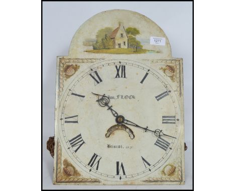 An early 19th century enamel painted longcase / grandfather clock face with notation for Bristol, 1820, Jon.Flock. Painted sp